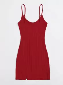 SHEIN Qutie Ribbed Split Bodycon Cami Dress - Red - View 2