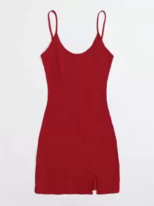 SHEIN Qutie Ribbed Split Bodycon Cami Dress - Red - View 3
