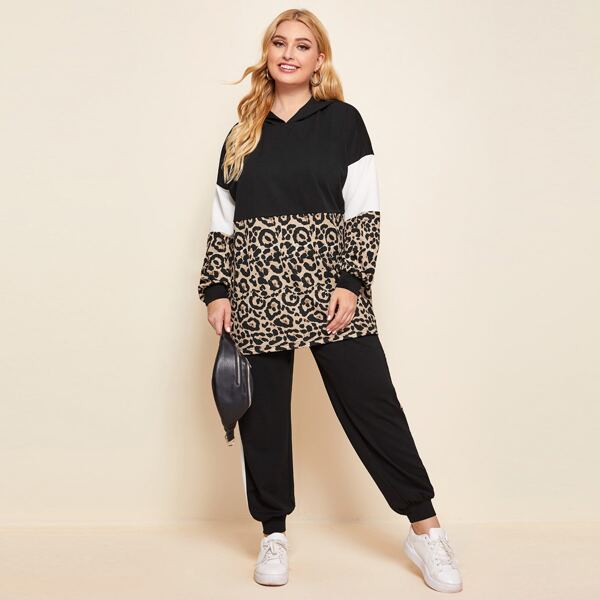 

Plus Drop Shoulder Leopard Colorblock Hoodie & Pants Set, Black
