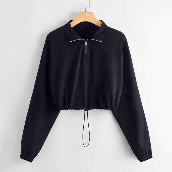 

Zip Half Placket Drawstring Hem Crop Pullover, Navy blue