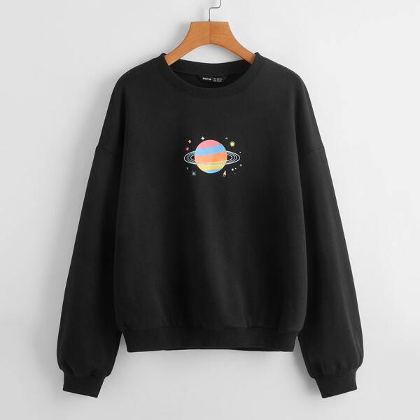 

Drop Shoulder Saturn Print Pullover, Black