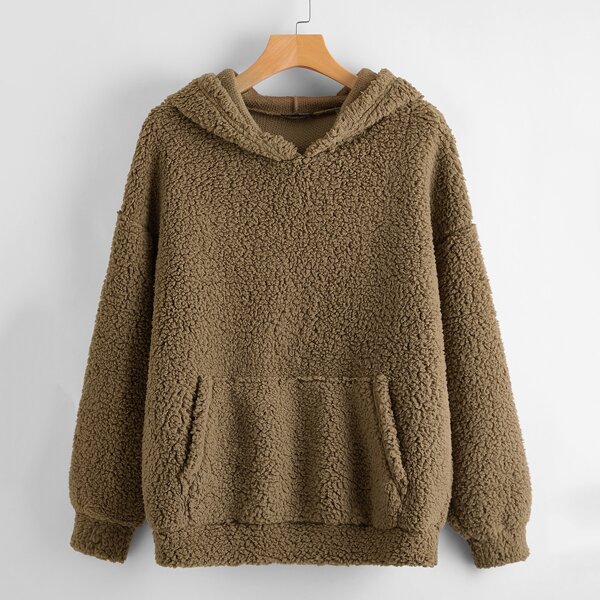 

Drop Shoulder Kangaroo Pocket Teddy Hoodie, Coffee brown