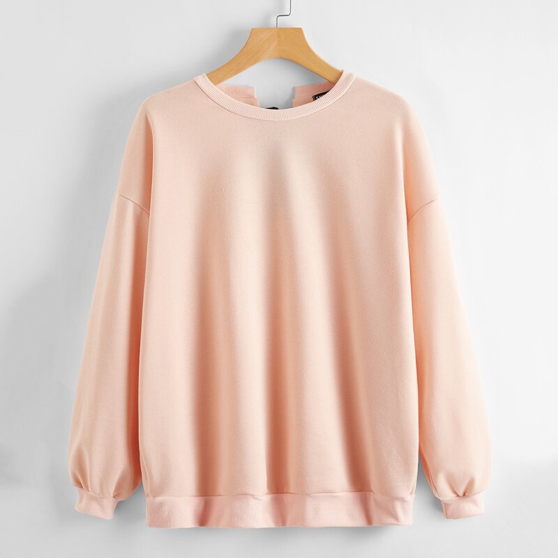 

Drop Shoulder Lace Up Back Pullover, Pastel baby pink