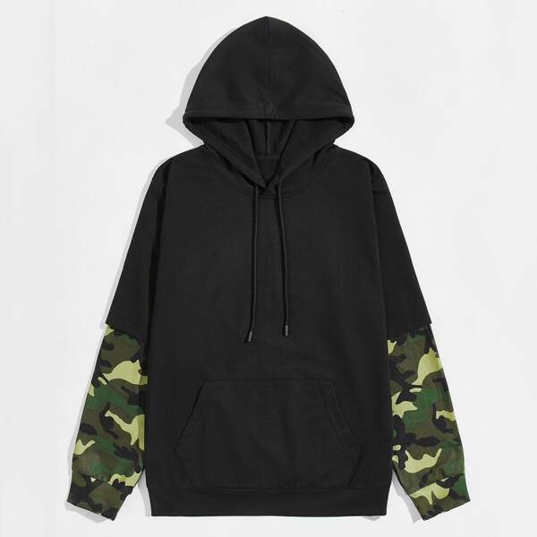 

Men Camo Print Kangaroo Pocket Drawstring Hoodie, Black