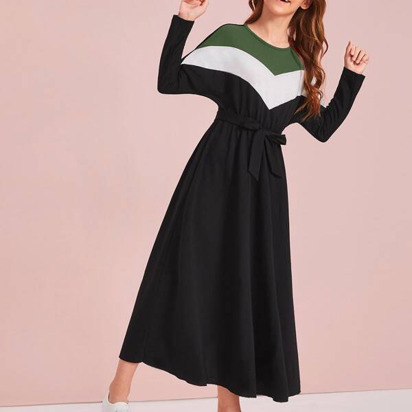

Girls Chevron Colorblock Self Belted Dress, Black