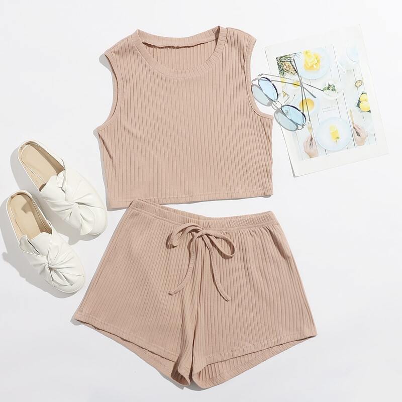 

Knot Front Ribbed Tank PJ Set, Apricot
