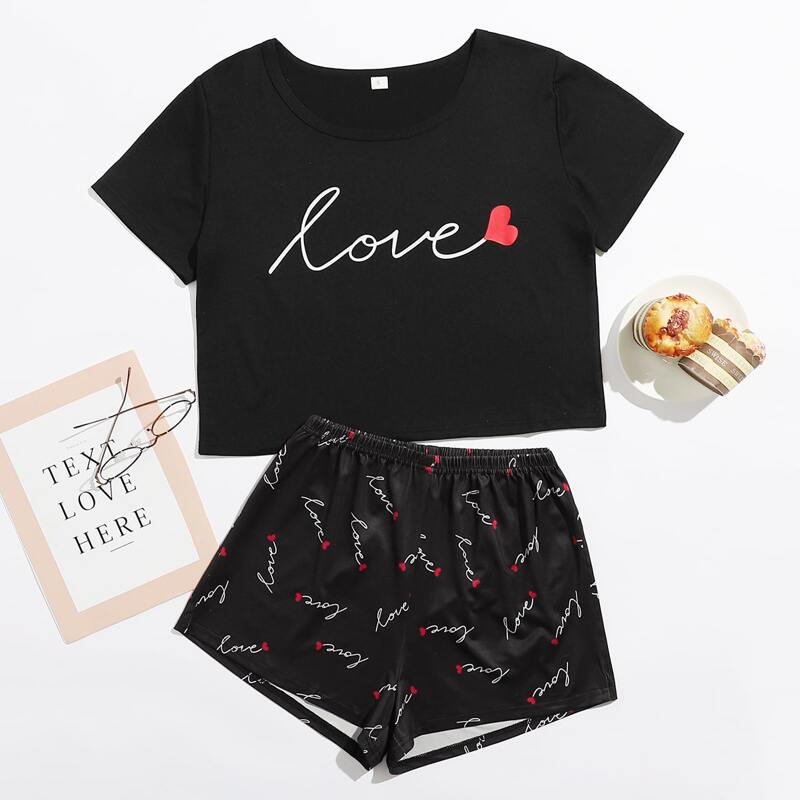 

Heart And Letter Graphic PJ Set, Black