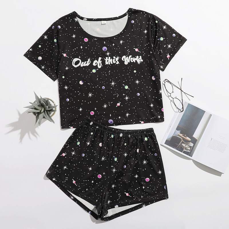 

Galaxy And Slogan Graphic PJ Set, Black