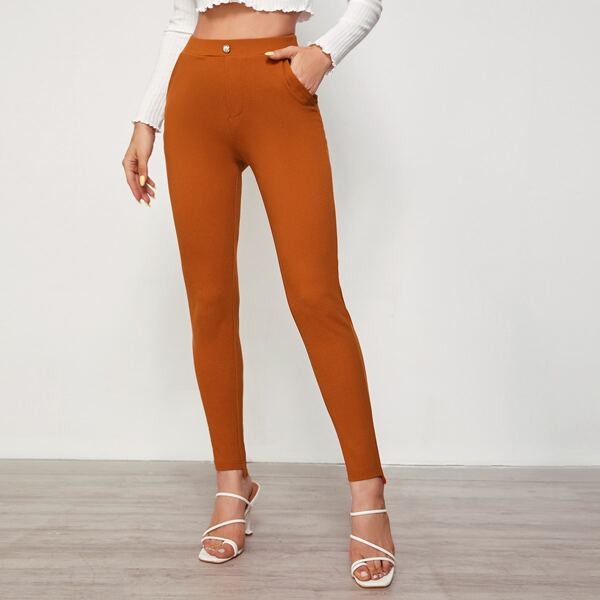 

Slant Pocket Asymmetrical Hem Skinny Pants, Burnt orange