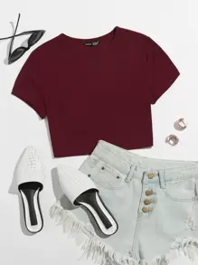 Muchica Cap Sleeve Rib-knit Crop Tee - Maroon - View 1