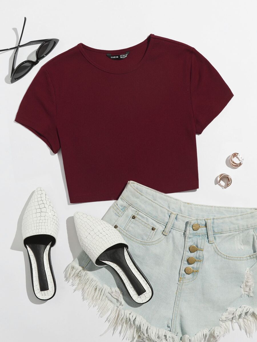Muchica Cap Sleeve Rib-knit Crop Tee - Maroon - View 1