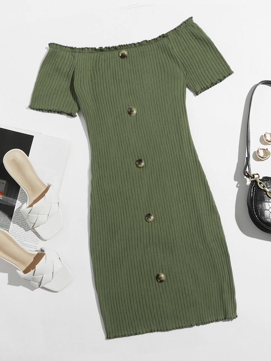 SHEIN Privé Button Front Lettuce Edge Bardot Dress - Army Green - View 1