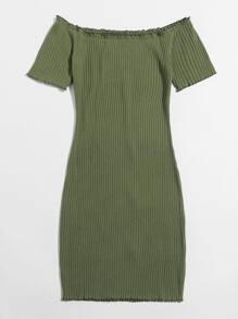 SHEIN Privé Button Front Lettuce Edge Bardot Dress - Army Green - View 2