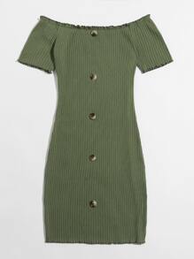 SHEIN Privé Button Front Lettuce Edge Bardot Dress - Army Green - View 5