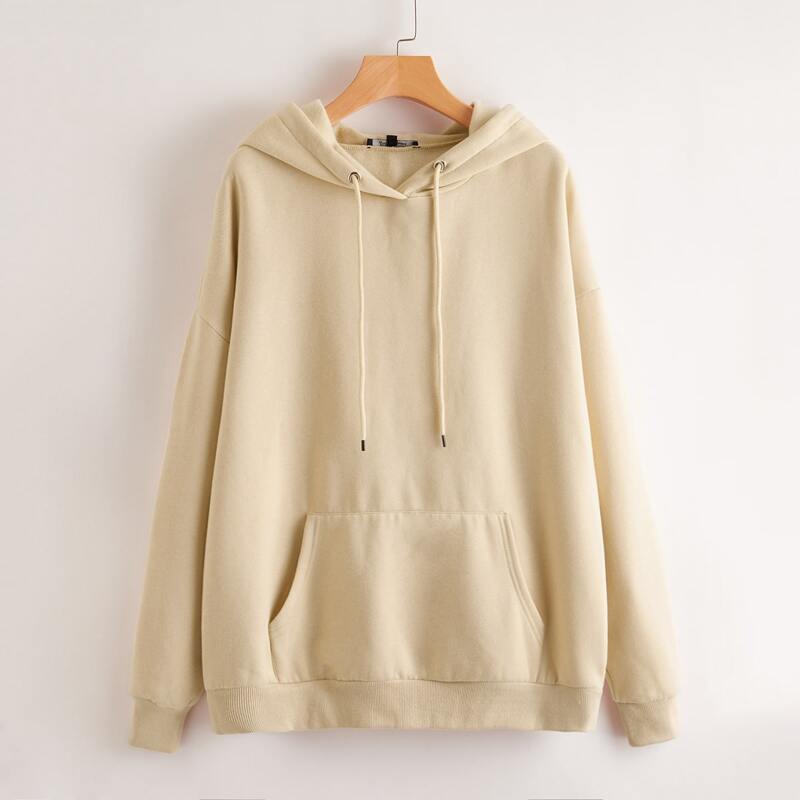 

Oversized Kangaroo Pocket Drawstring Hoodie, Beige