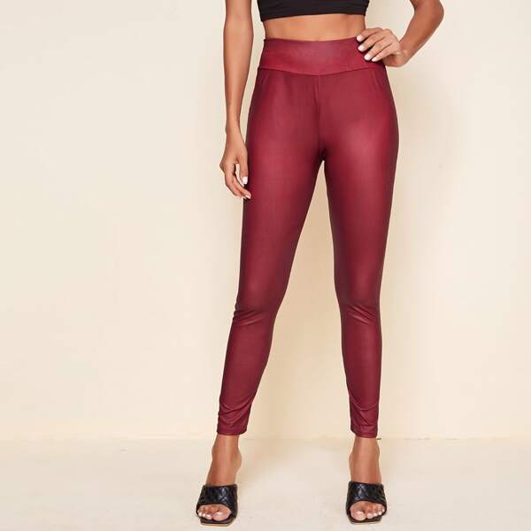 

Wide Waistband Solid Skinny Pants, Burgundy