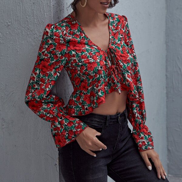 

Tie Front Ruffle Hem Floral Print Top, Multicolor