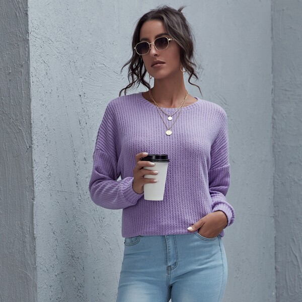 

Drop Shoulder Waffle Knit Oversized Tee, Lilac purple