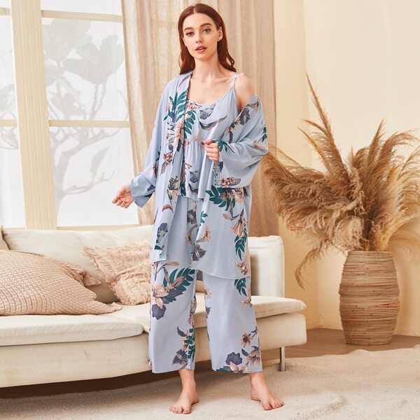 

3pcs Floral Print Cami Pajama Set & High Low Robe, Dusty blue