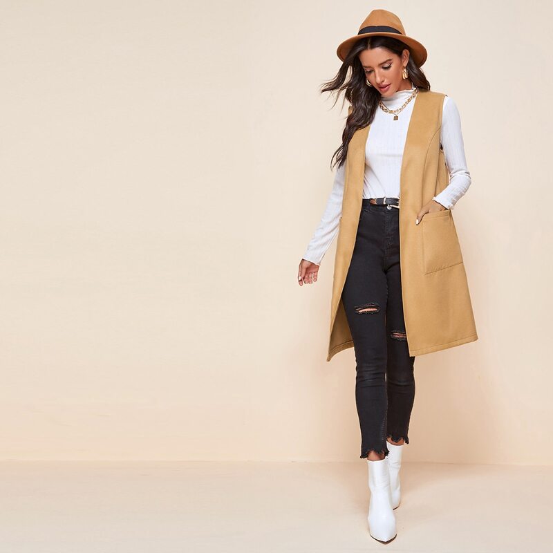 

Patched Pocket Solid Vest, Camel