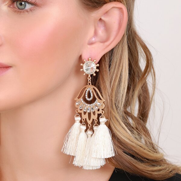 

1pair Chandelier Rhinestone Tassel Earrings, White