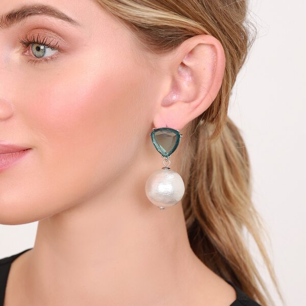 

1pair Triangle Stone And Large Pearl Earrings, White