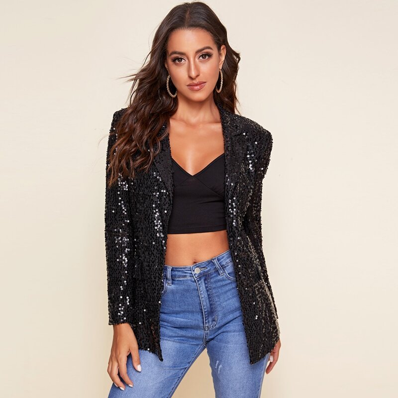 

Lapel Neck Sequin Blazer, Black