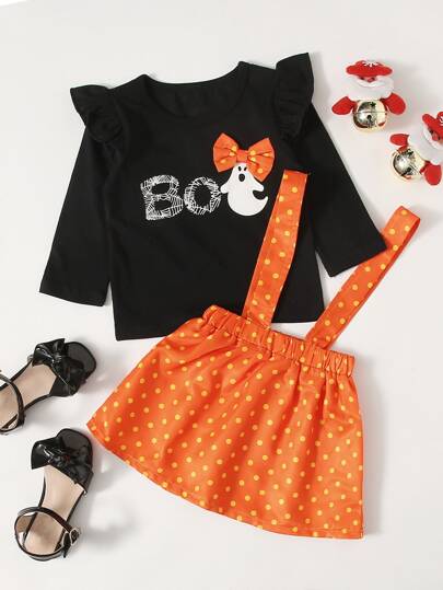 Футболка с мультипликационным принтом и юбка с подтяжками в горошек для девочек