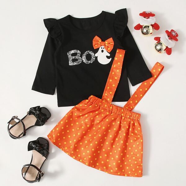 

Baby Girl Polka Dot Cartoon Print Tee & Suspender Skirt, Multicolor