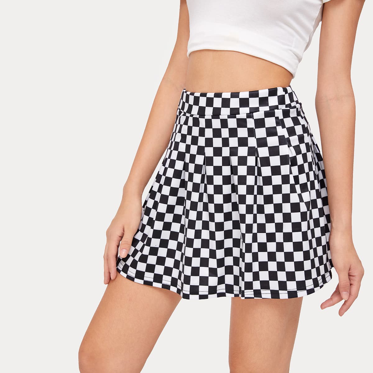 

Checkerboard Print Skater Skirt, Black and white