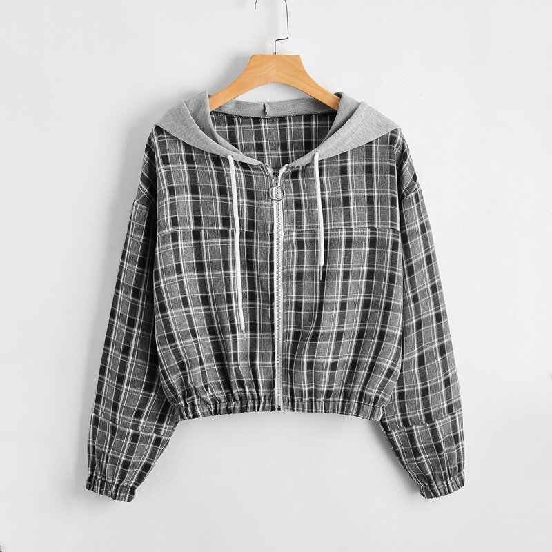 

Plaid Zip Up Hooded Jacket, Multicolor