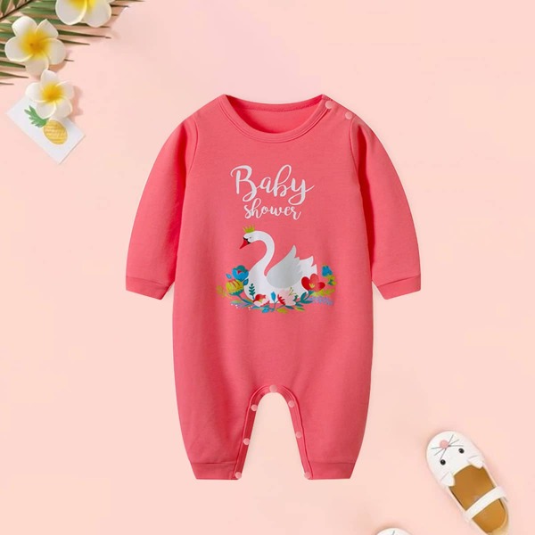 

Baby Girl Letter & Swan Print Jumpsuit, Watermelon pink