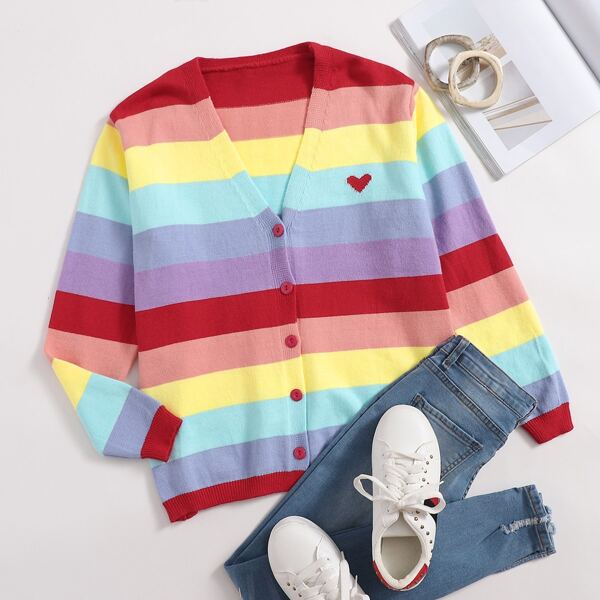 

Rainbow Striped & Heart Pattern Button Front Cardigan, Multicolor