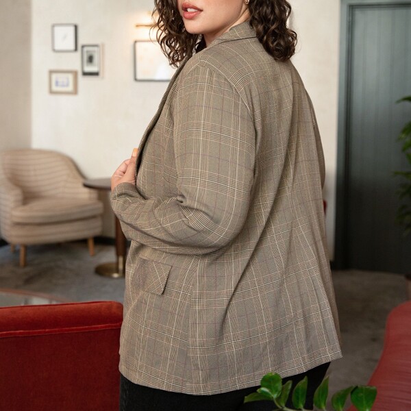 

Plus Plaid Lapel Neck Blazer, Khaki