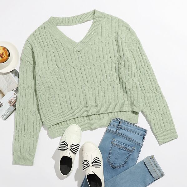 

Solid High Low Cable Knit Sweater, Mint green