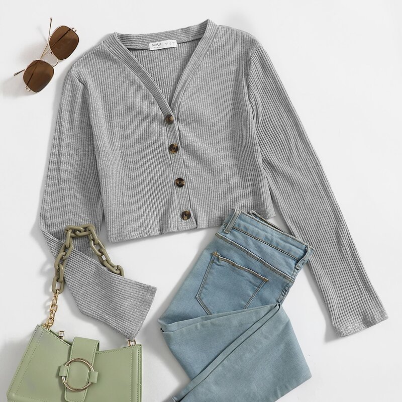 

Button Up Ribbed Tee, Grey
