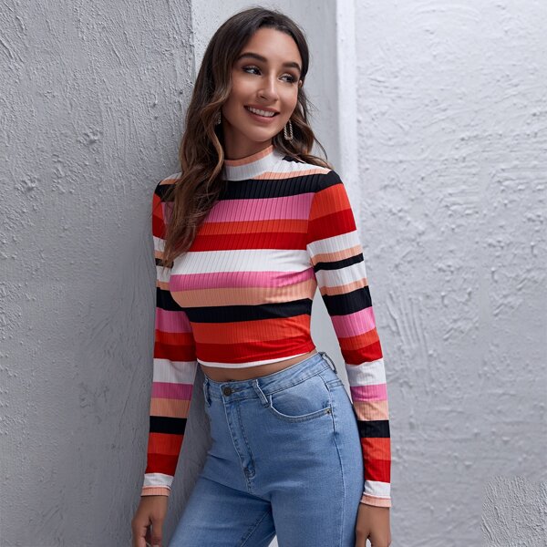 

Mock Neck Rib-knit Striped Tee, Multicolor