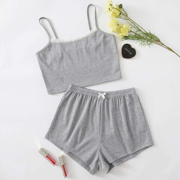 

Contrast Lace Bow Front Cami PJ Set, Light grey