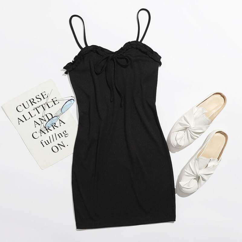 

Solid Tie Front Cami Dress, Black