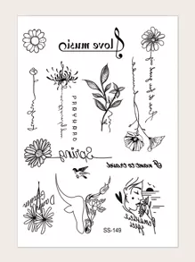 1 feuille Autocollant de tatouage à motif fleur - Noir - Voir 1