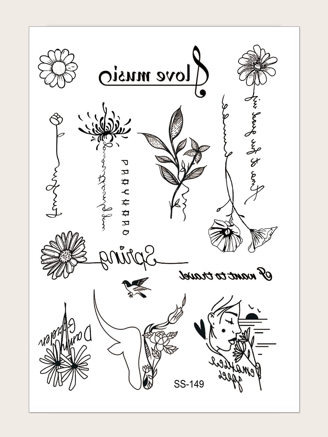 1 feuille Autocollant de tatouage à motif fleur - Noir - Voir 1