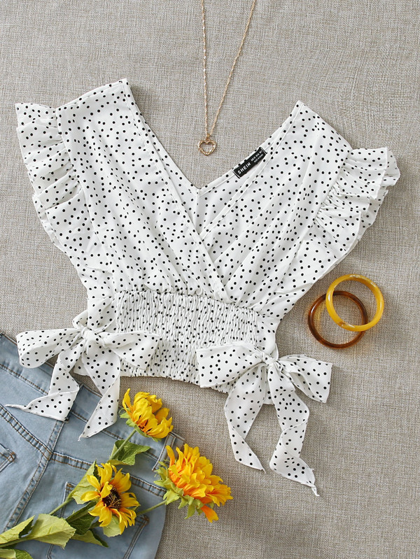 Breezaya Ruffle Armhole Shirred Hem Polka-dot Top
