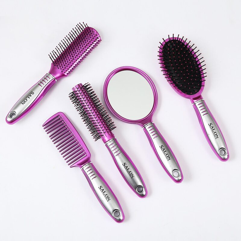 

5pcs Hair Comb Set With Mirror, Hot pink