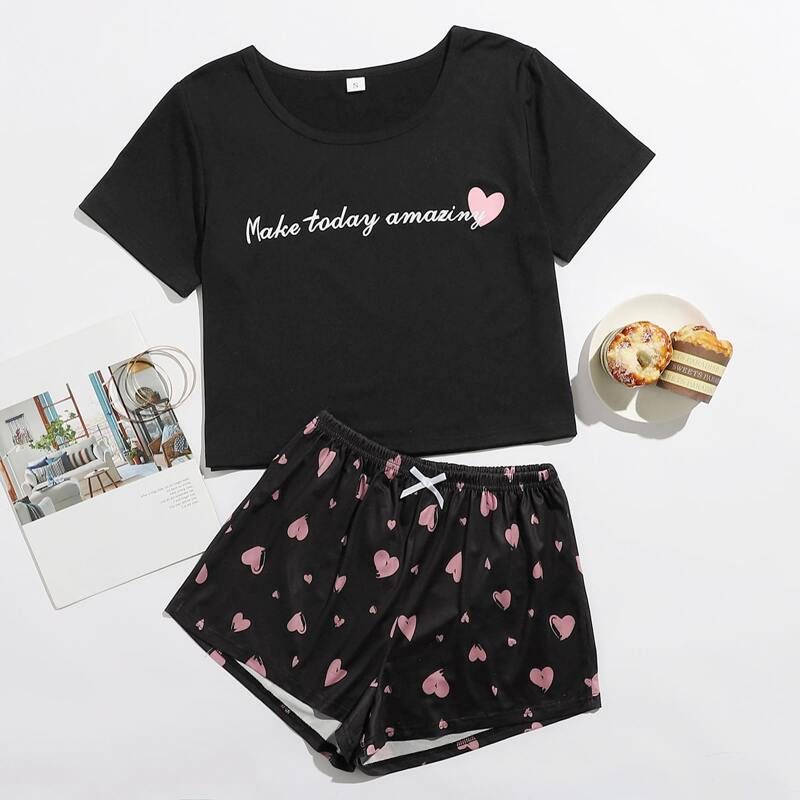 

Slogan And Heart Print PJ Set, Black
