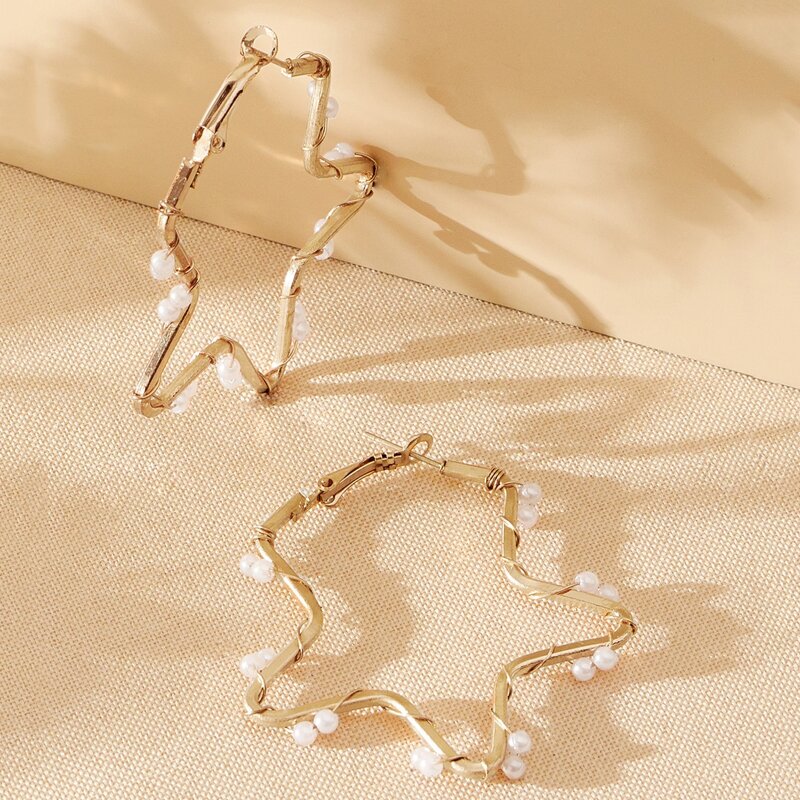 

Faux Pearl Star Hoop Earrings, Gold