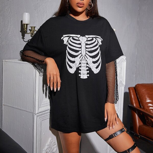 

Skull Print Longline Tee Without Fishnet Mesh, Black