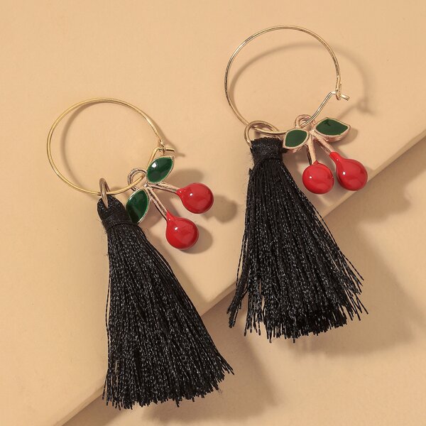 

Cherry Decor Tassel Drop Earrings, Black