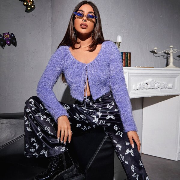 

Scoop Neck Tie Front Fluffy Top, Violet purple