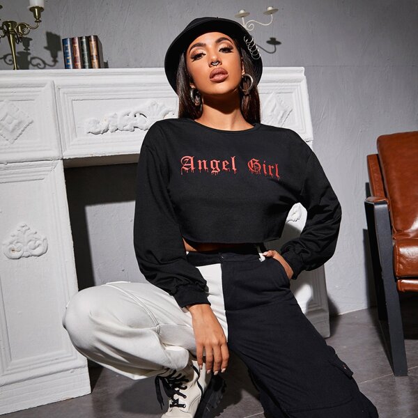 

Letter Graphic Drop Shoulder Crop Sweatshirt, Black