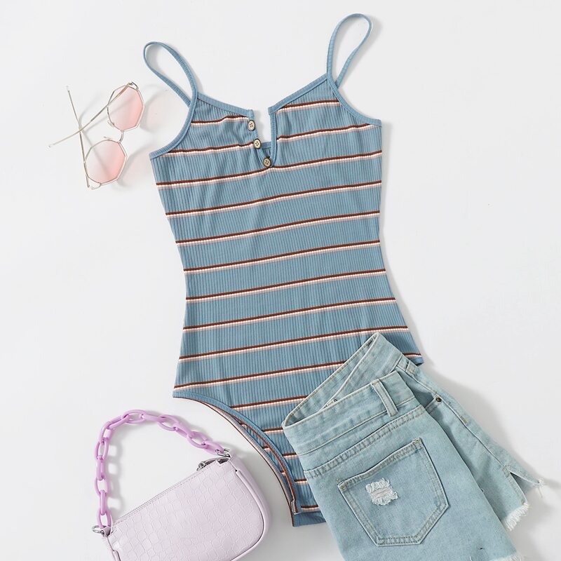 

Striped Button Cami Bodysuit, Multicolor